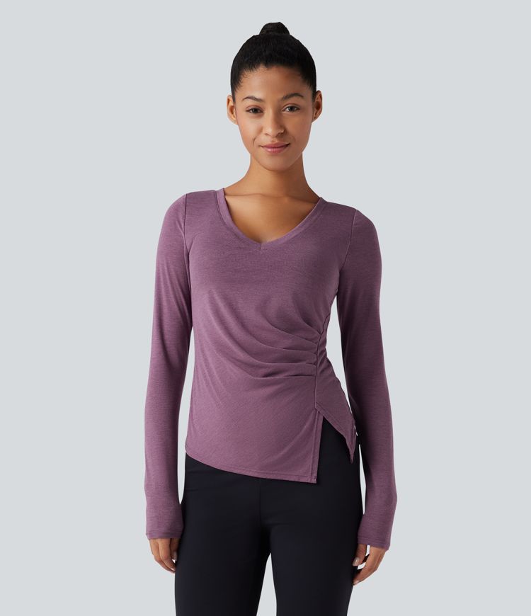 Molded Cups Push-Up V-neck Long Sleeve Ruched Split Hem Casual Top