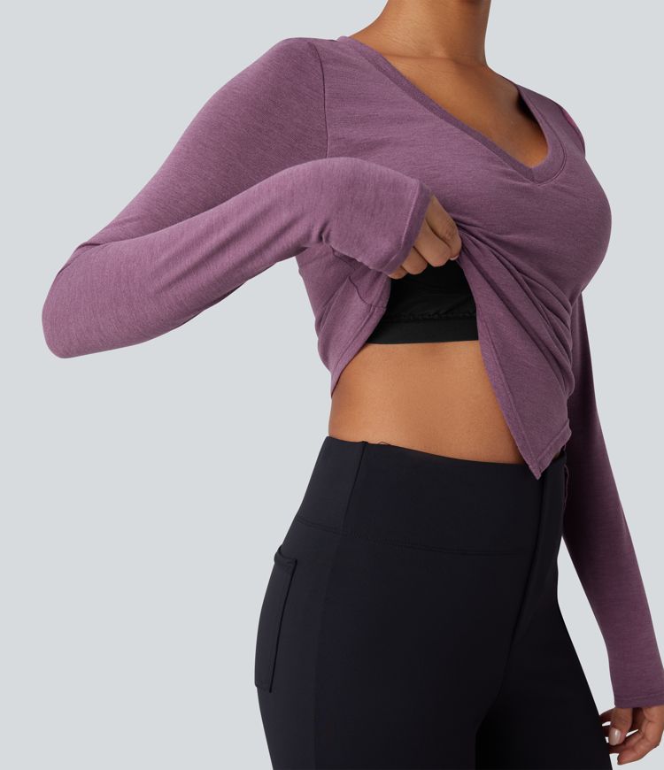 Red Violet Floral Yarn Molded Cups Push-Up V-neck Long Sleeve Ruched Split Hem Casual Top A/B Cup / 1