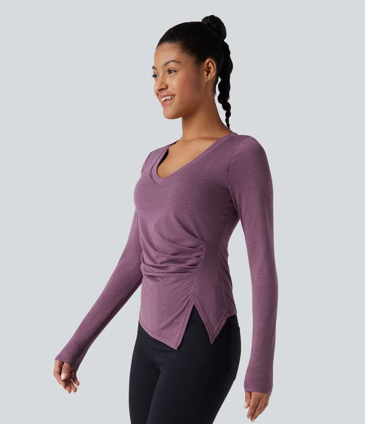 Molded Cups Push-Up V-neck Long Sleeve Ruched Split Hem Casual Top