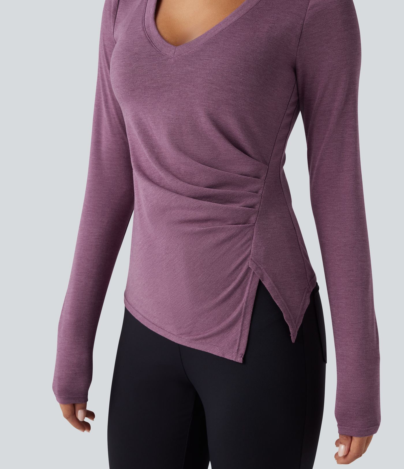 Molded Cups Push-Up V-neck Long Sleeve Ruched Split Hem Casual Top A/B Cup