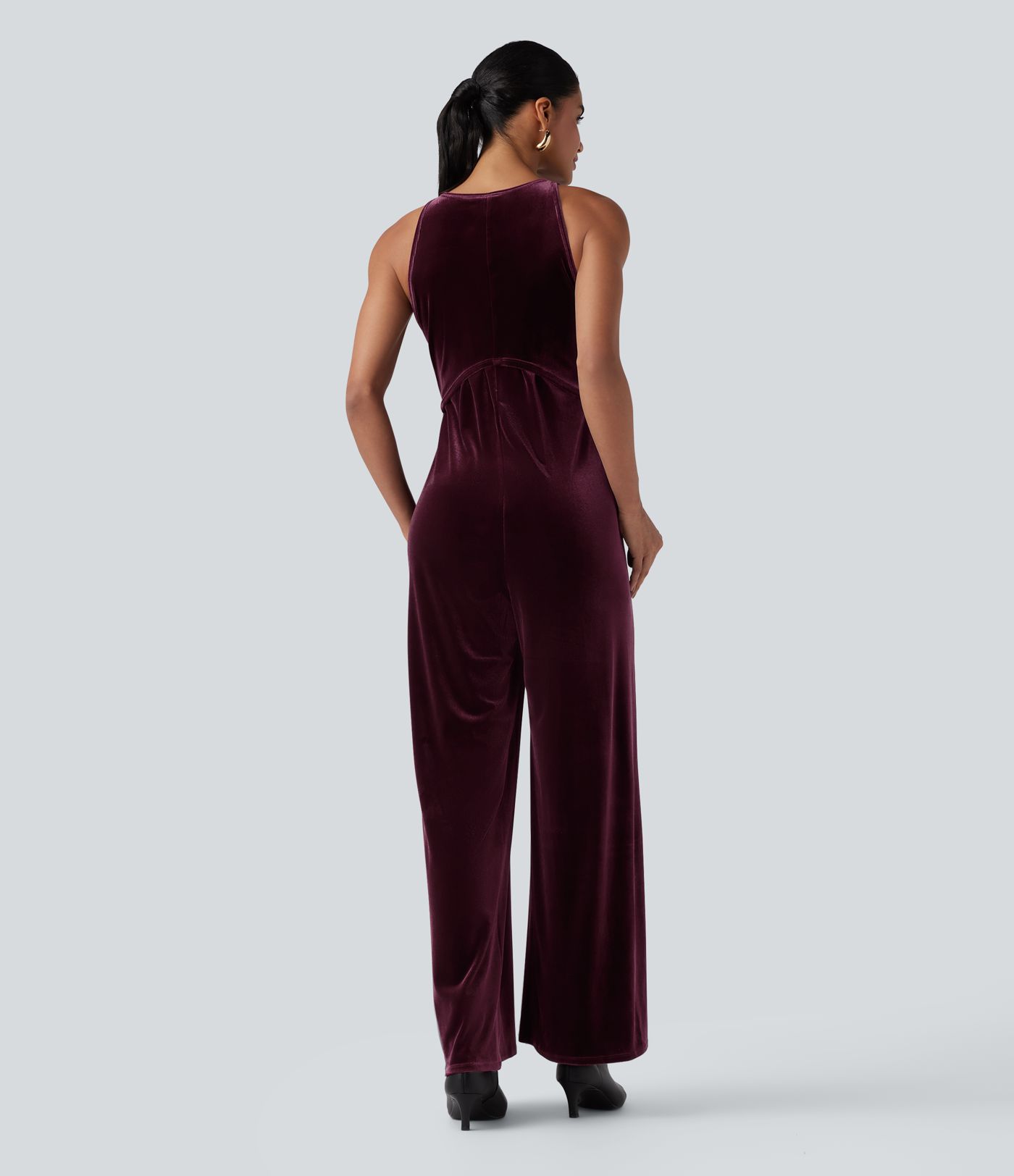 Round Neck Sleeveless Tie Back Velvet Party Jumpsuit with Pockets