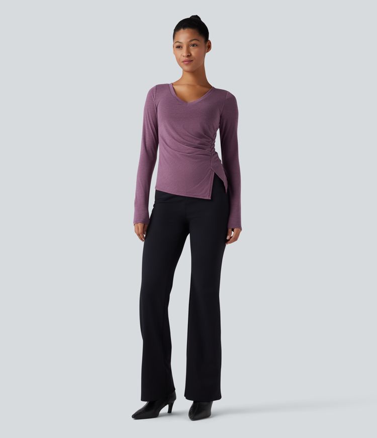 Molded Cups Push-Up V-neck Long Sleeve Ruched Split Hem Casual Top