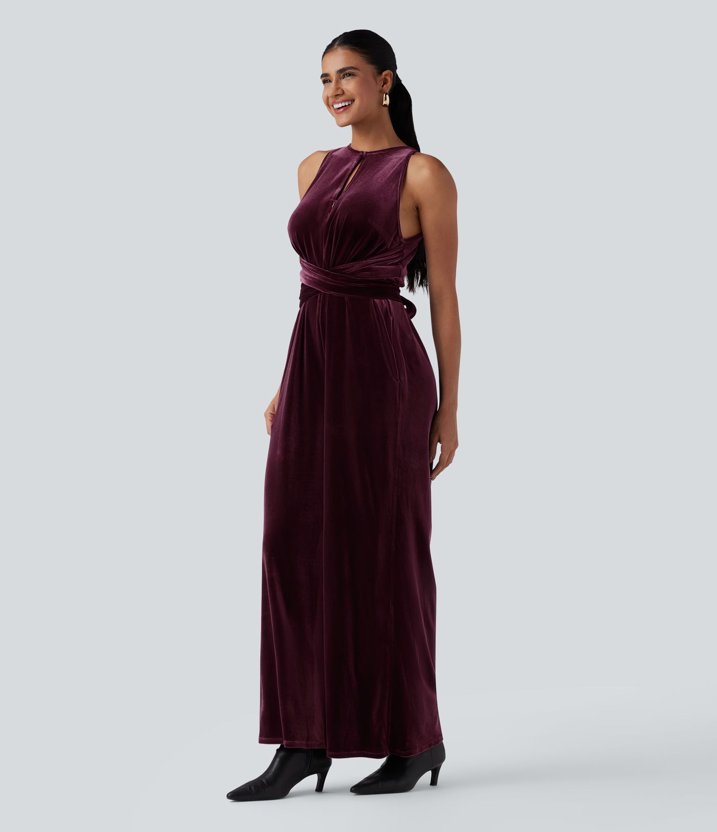 Round Neck Sleeveless Tie Back Velvet Party Jumpsuit with Pockets