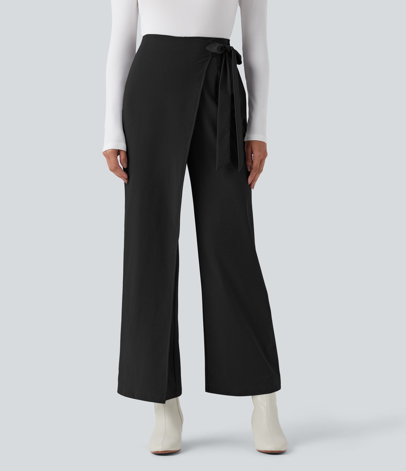 High Waisted Tie Side Quick Dry Work Wide Leg Pants