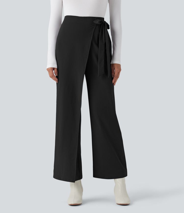 High Waisted Tie Side Quick Dry Work Wide Leg Pants