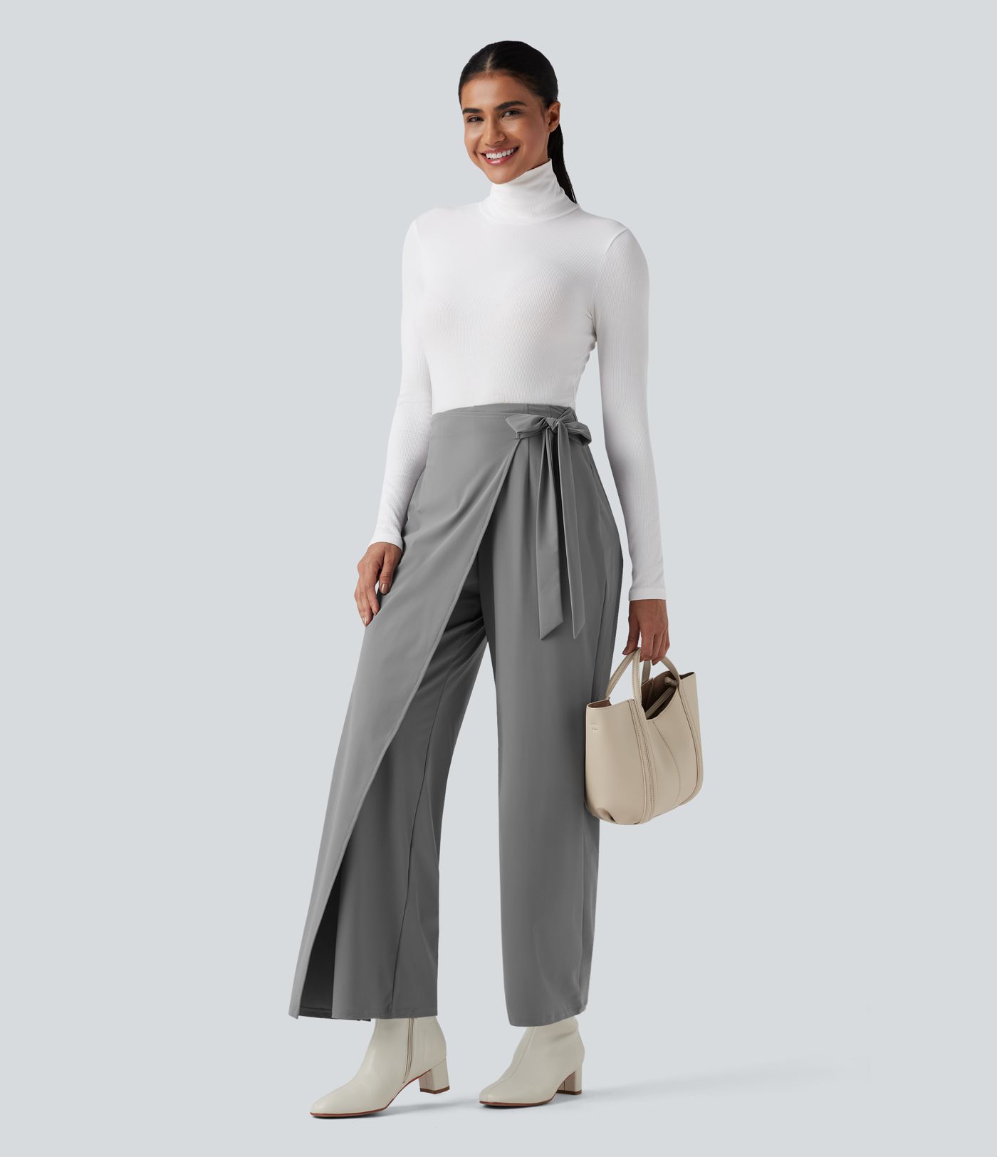 High Waisted Tie Side Quick Dry Suit Work Wide Leg Pants