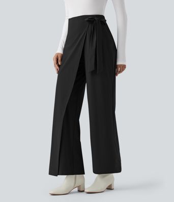 High Waisted Tie Side Quick Dry Work Wide Leg Pants