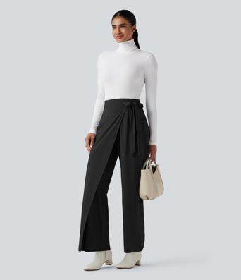 High Waisted Tie Side Quick Dry Work Wide Leg Pants