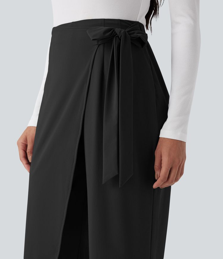 High Waisted Tie Side Quick Dry Work Wide Leg Pants