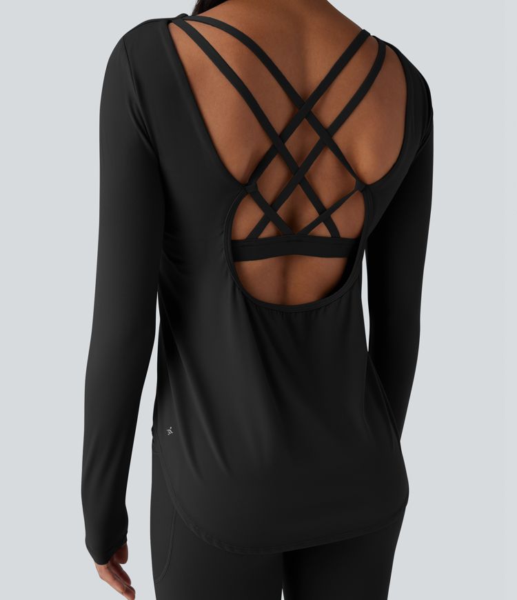 Halara UltraSculpt™ Crisscross Backless Long Sleeve Curved Hem Training Sports Top