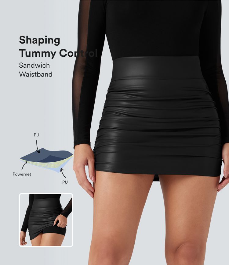 High Waisted Tummy Control Ruched Curved Hem 2-in-1 Fleece PU Mini Bodycon Skirt