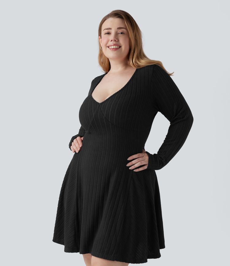 Ribbed Knit V Neck Long Sleeve Flare Mini Casual Plus Size Dress