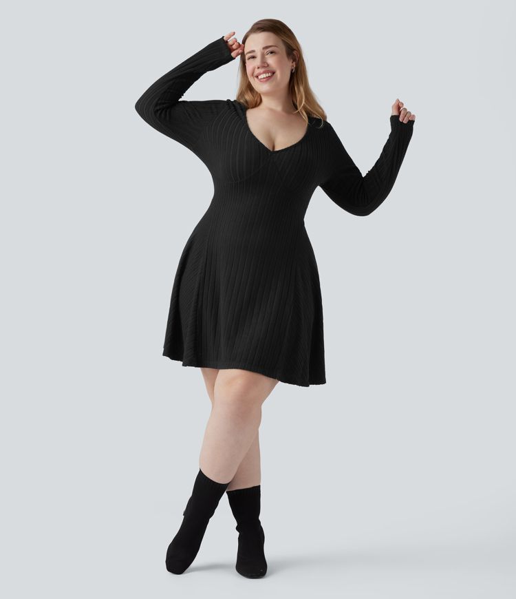 Ribbed Knit V Neck Long Sleeve Flare Mini Casual Plus Size Dress