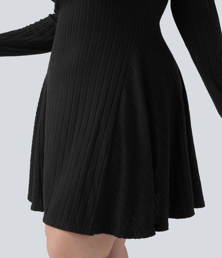 Ribbed Knit V Neck Long Sleeve Flare Mini Casual Plus Size Dress