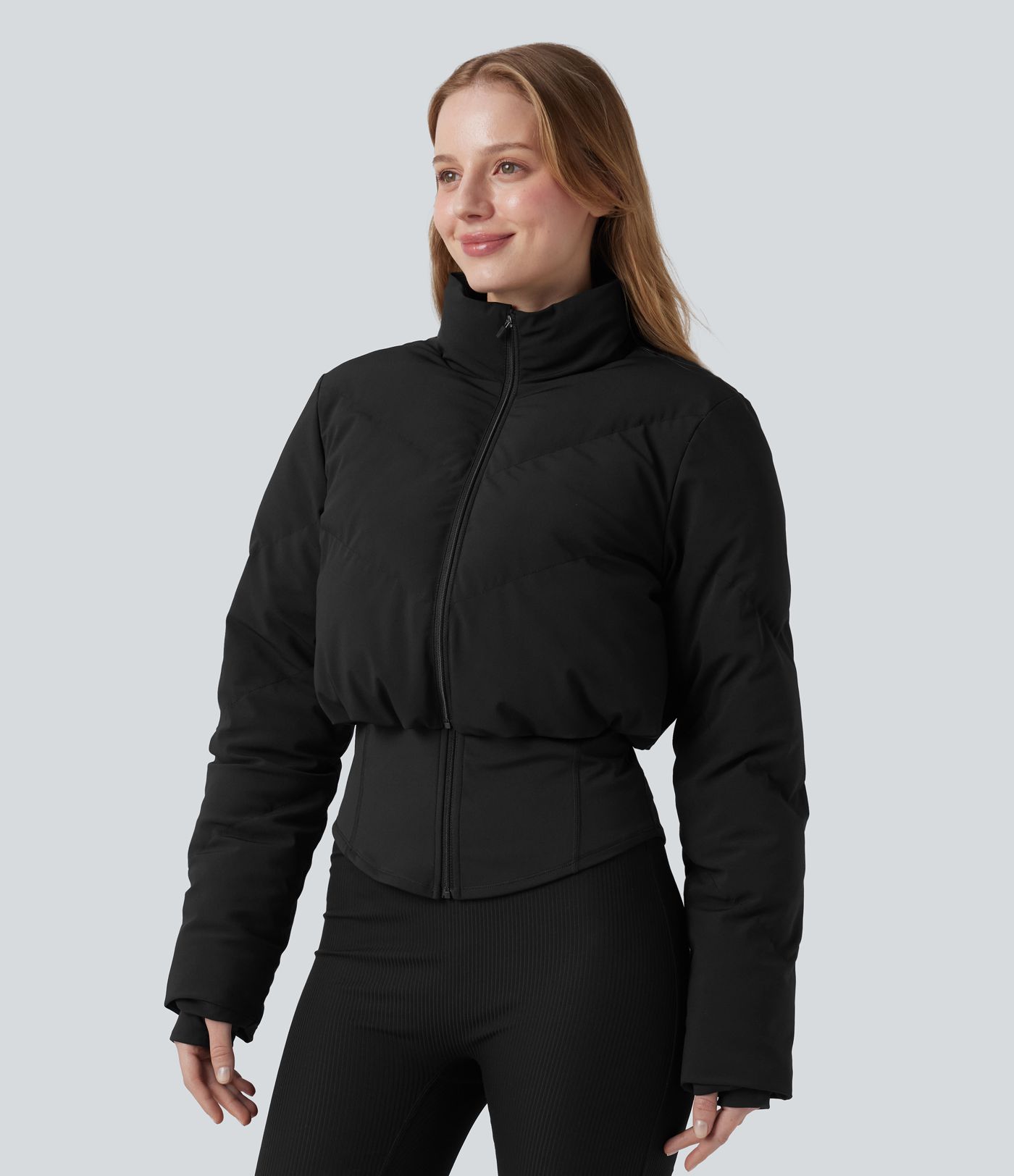 3-in-1 Stand Collar Casual Cropped Stretchy Puffer Jacket & Thumb Holes Curved Hem Jacket with Pocket