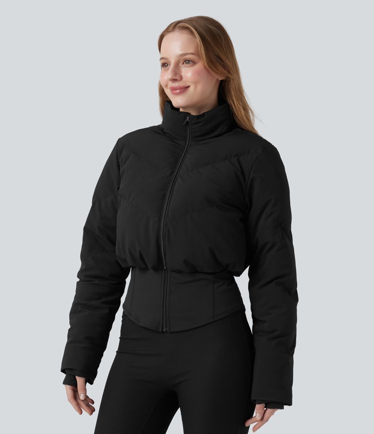 Manteau doudoune court col montant et veste ourlet arrondi avec trous pouces et poche