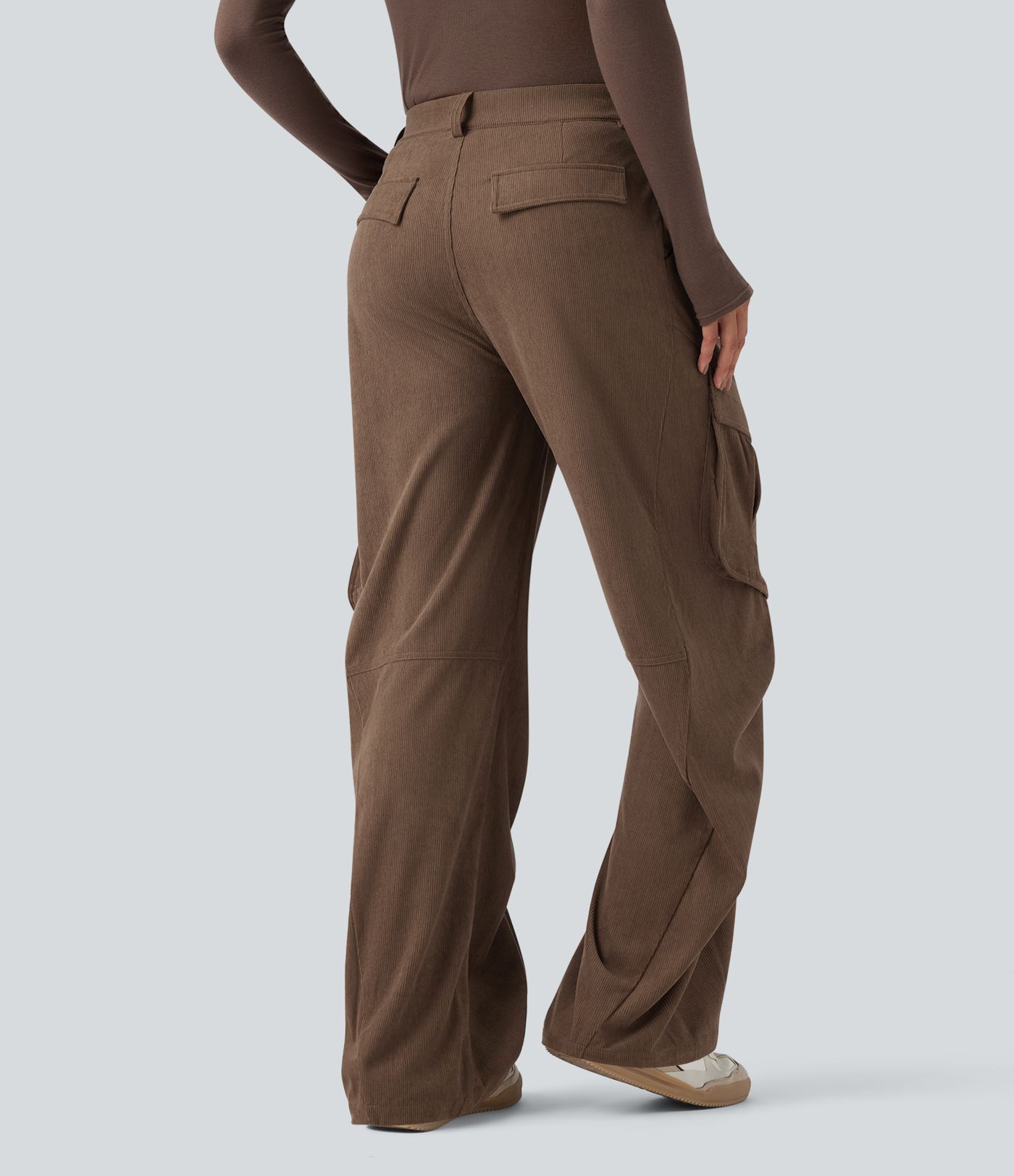 Mid Rise Corduroy Casual Cargo Trousers with Pockets