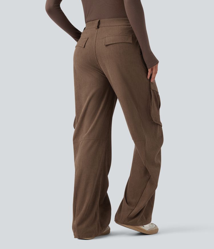 Mid Rise Corduroy Casual Cargo Trousers with Pockets
