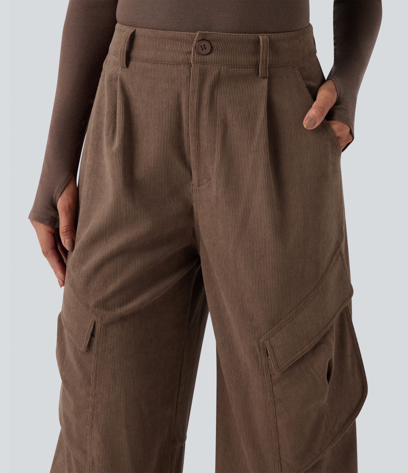 Mid Rise Corduroy Casual Cargo Trousers with Pockets