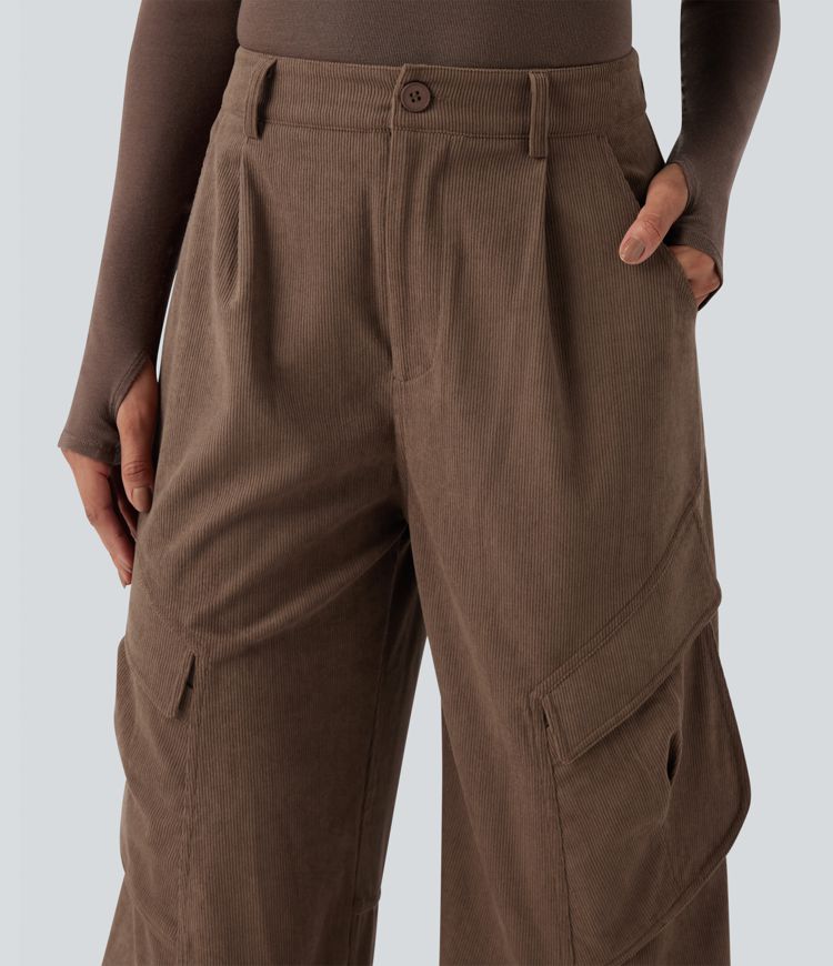Mid Rise Corduroy Casual Cargo Trousers with Pockets