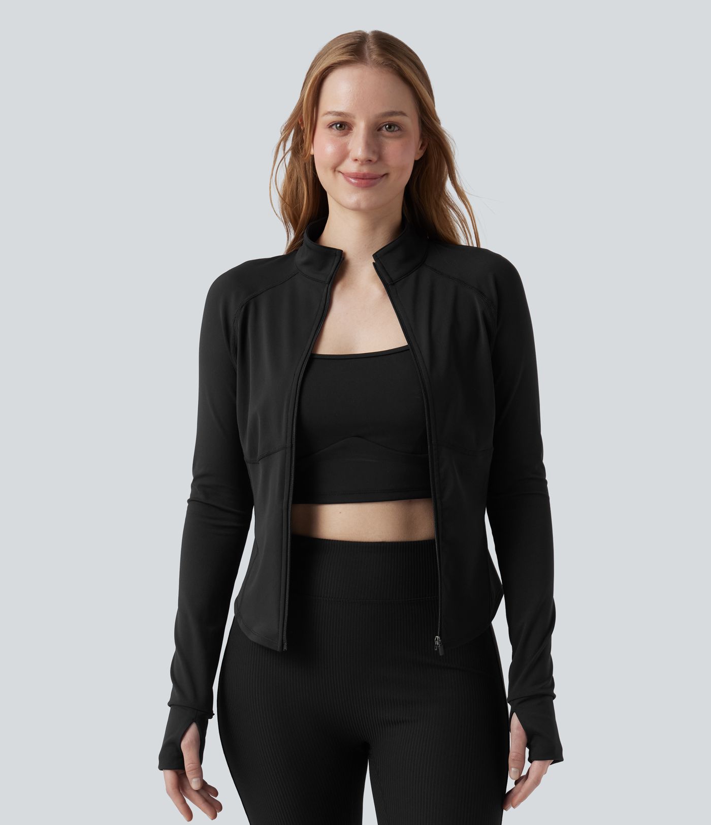 3-in-1 Stand Collar Casual Cropped Stretchy Puffer Jacket & Thumb Holes Curved Hem Jacket with Pocket