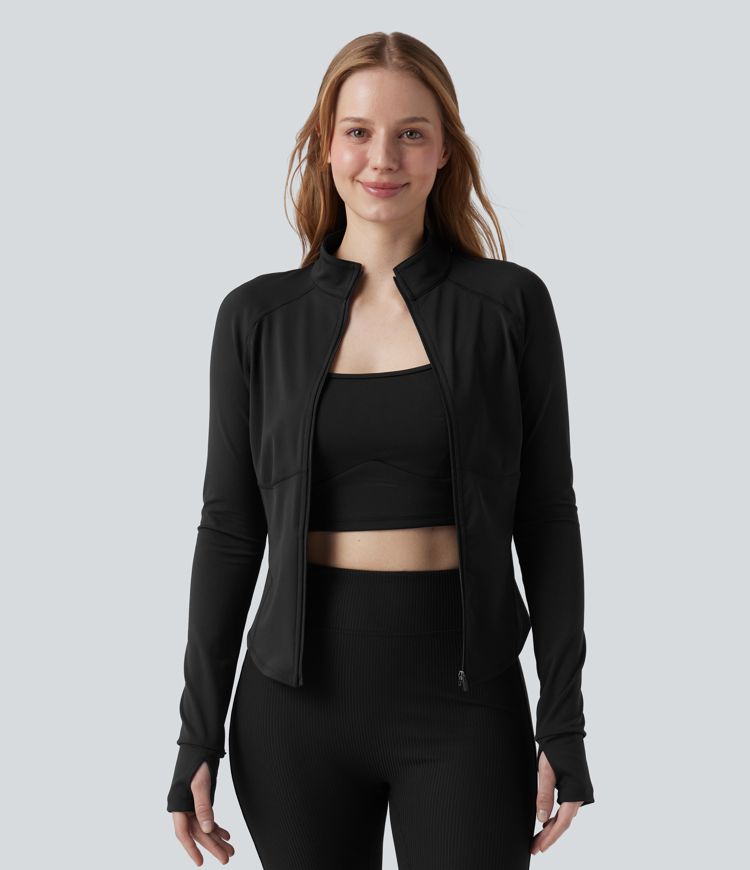 Manteau doudoune court col montant et veste ourlet arrondi avec trous pouces et poche