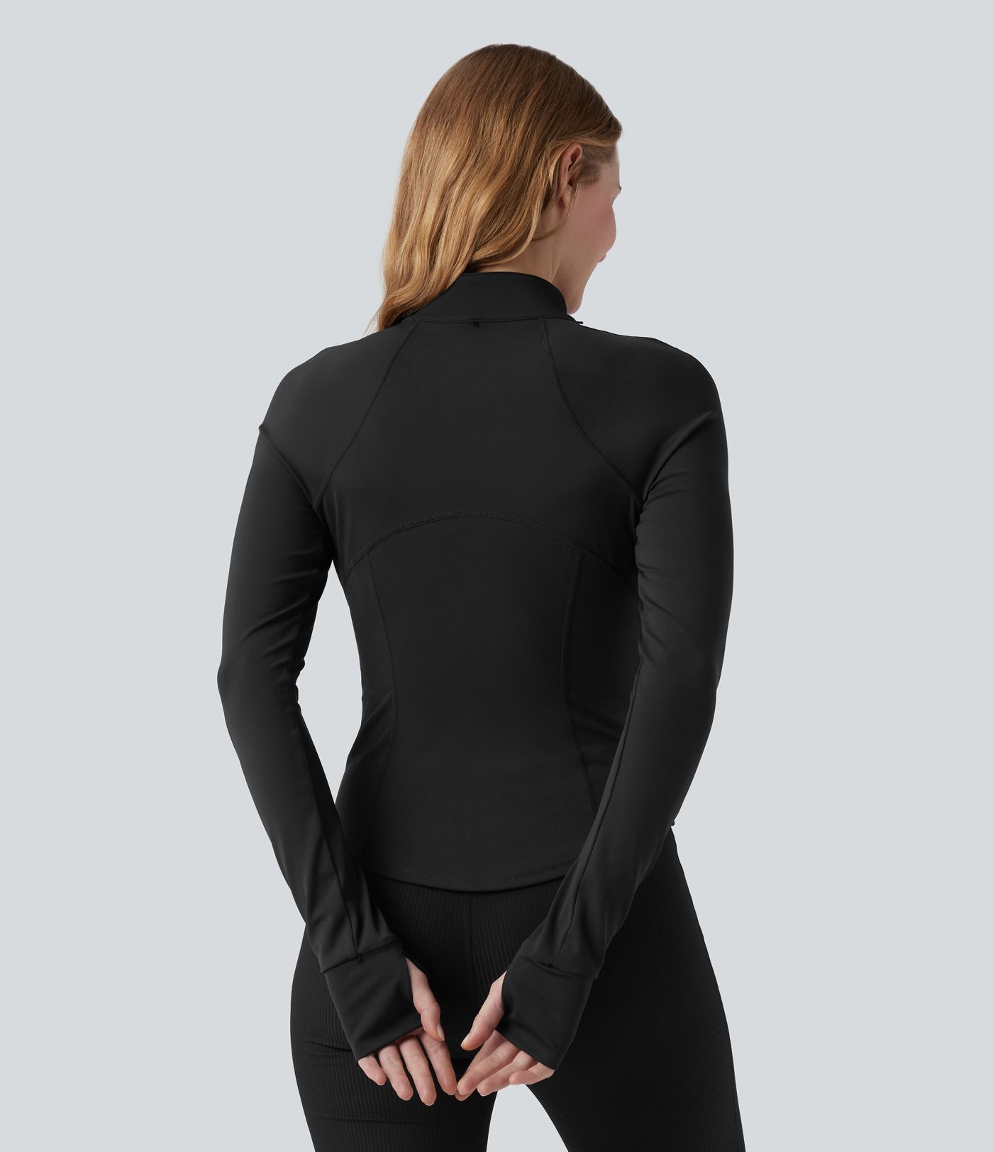 3-in-1 Stand Collar Casual Cropped Stretchy Puffer Jacket & Thumb Holes Curved Hem Jacket with Pocket