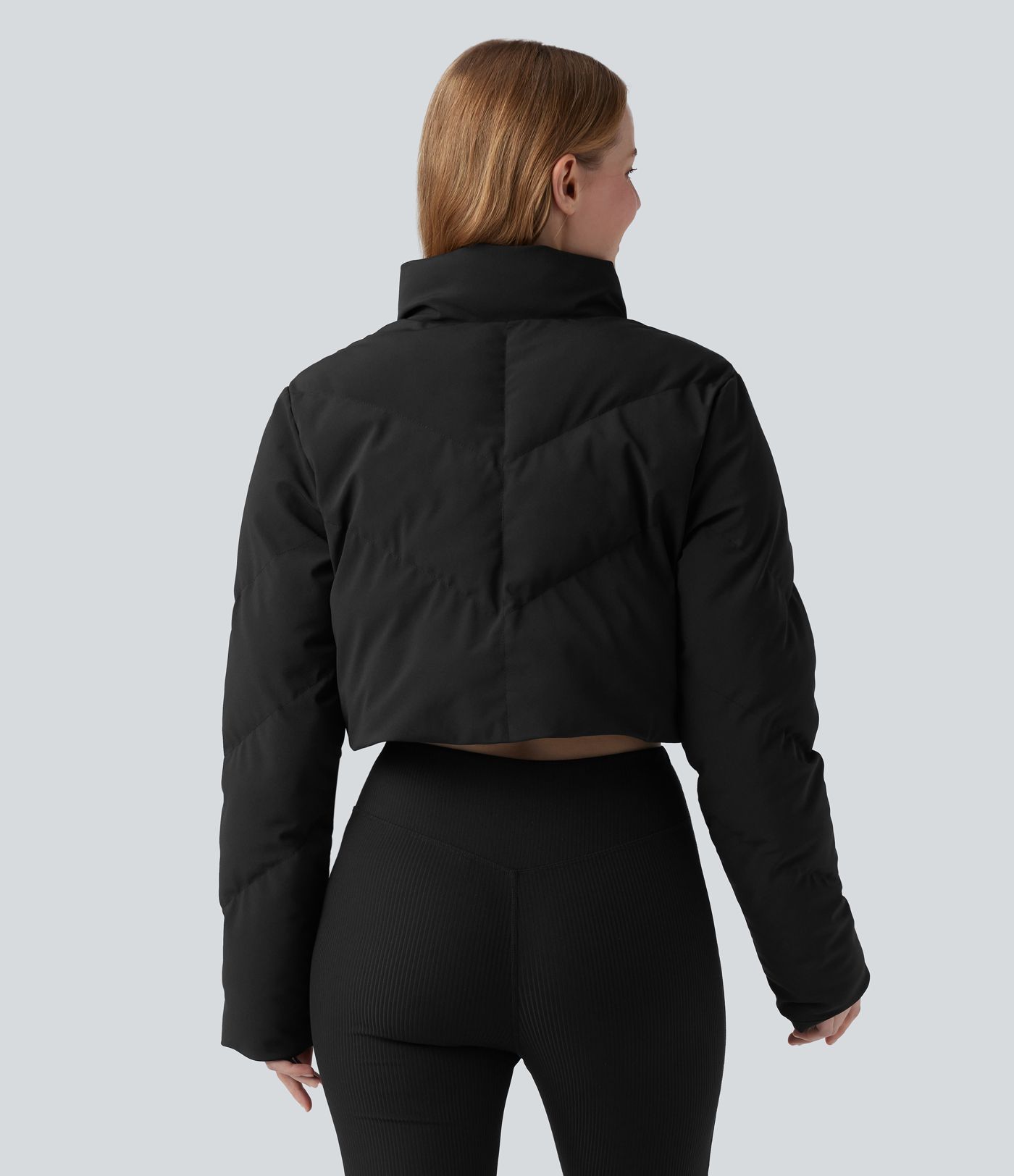 3-in-1 Stand Collar Casual Cropped Stretchy Puffer Jacket & Thumb Holes Curved Hem Jacket with Pocket