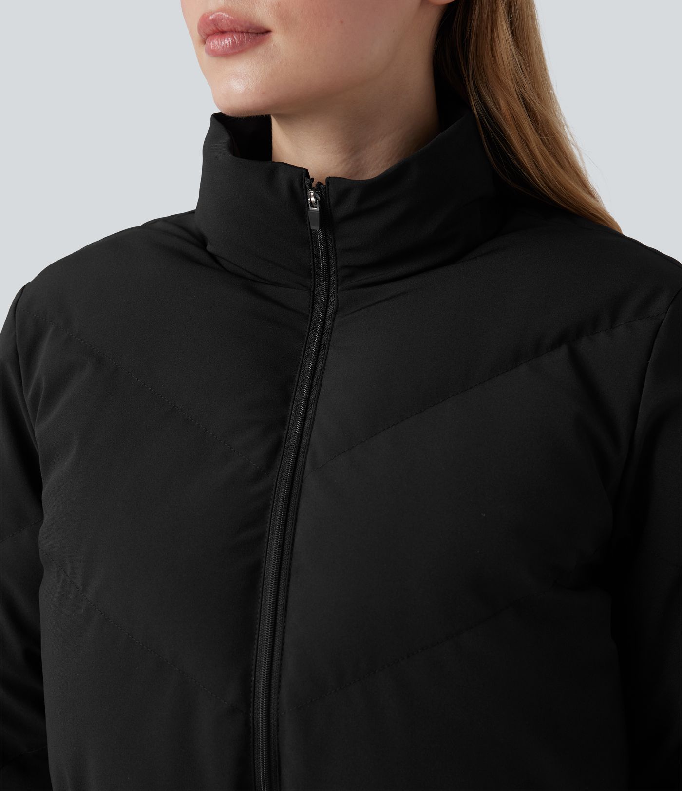 3-in-1 Stand Collar Casual Cropped Stretchy Puffer Jacket & Thumb Holes Curved Hem Jacket with Pocket