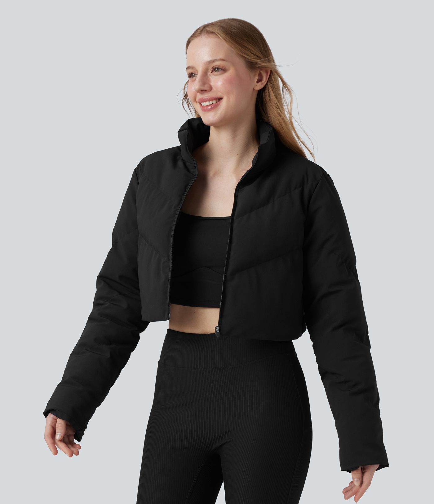 3-in-1 Stand Collar Casual Cropped Stretchy Puffer Jacket & Thumb Holes Curved Hem Jacket with Pocket