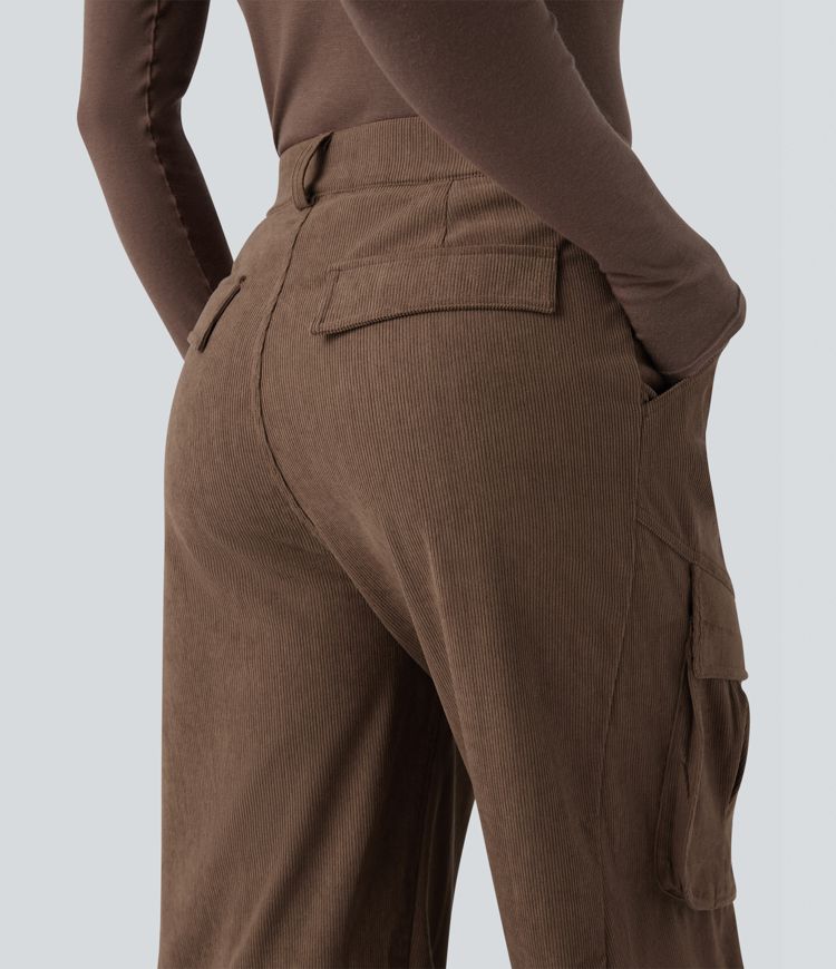 Mid Rise Corduroy Casual Cargo Trousers with Pockets