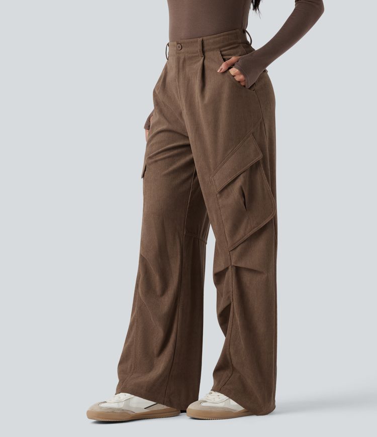 Mid Rise Corduroy Casual Cargo Trousers with Pockets