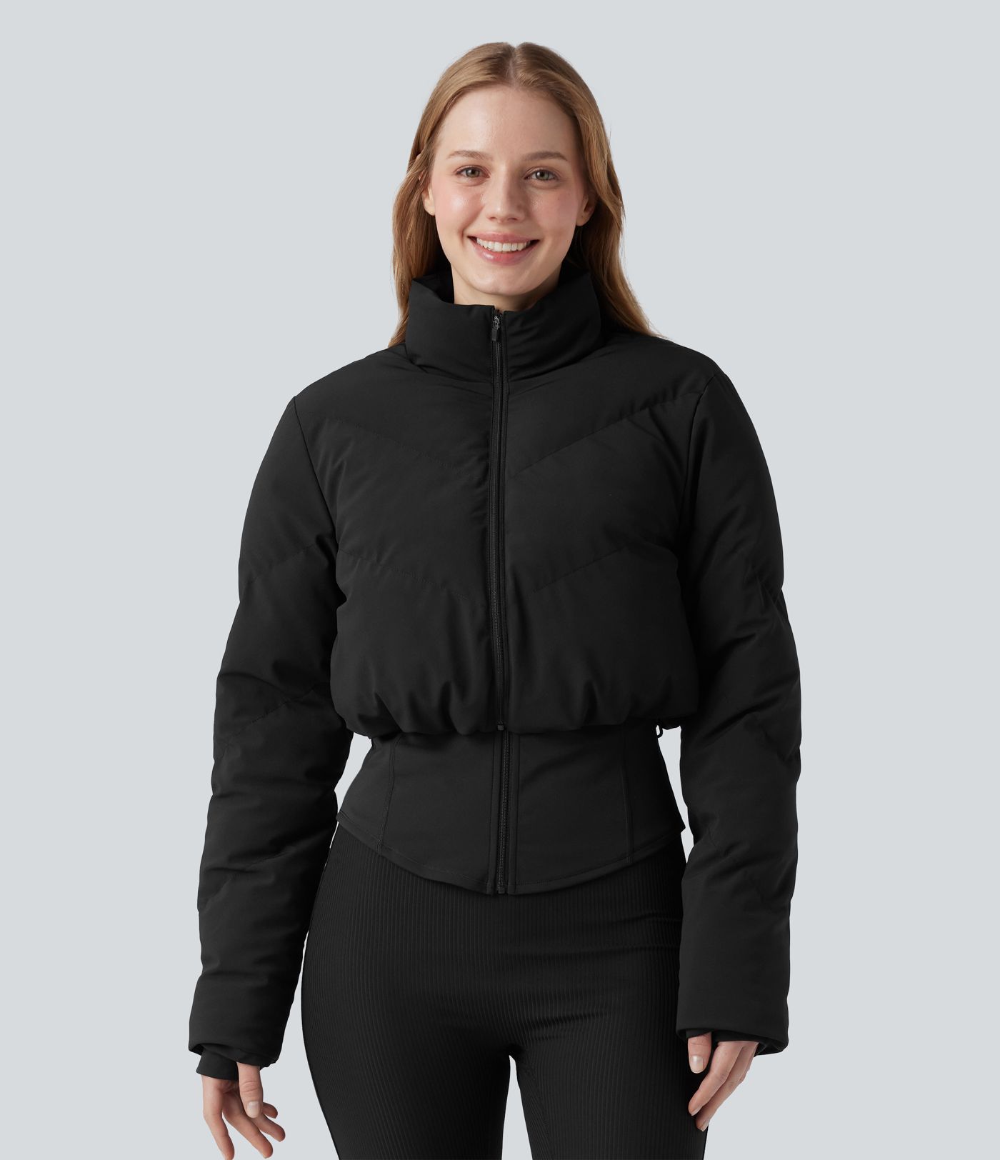 3-in-1 Stand Collar Casual Cropped Stretchy Puffer Jacket & Thumb Holes Curved Hem Jacket with Pocket