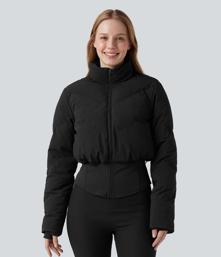 Manteau doudoune court col montant et veste ourlet arrondi avec trous pouces et poche