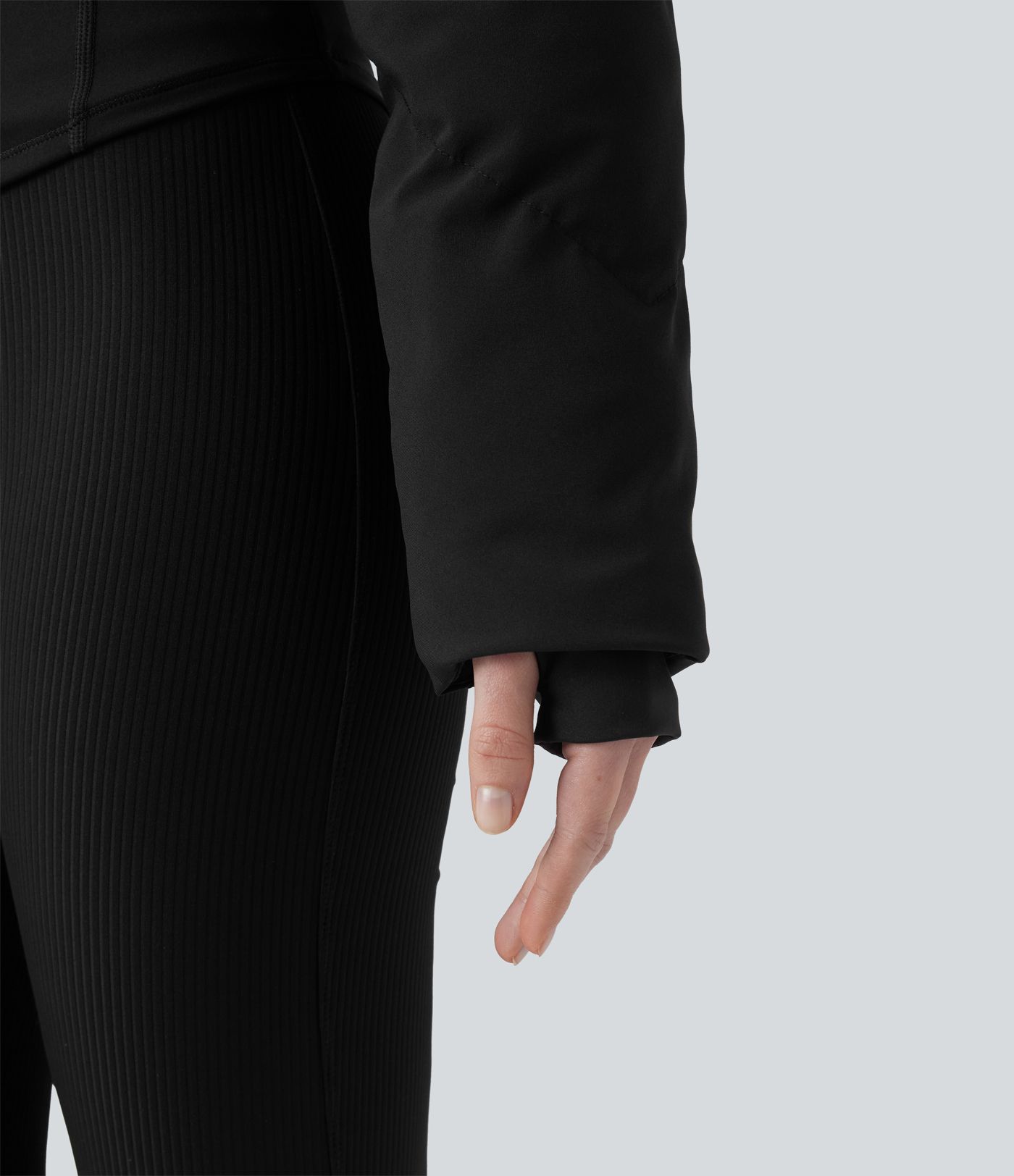 3-in-1 Stand Collar Casual Cropped Stretchy Puffer Jacket & Thumb Holes Curved Hem Jacket with Pocket