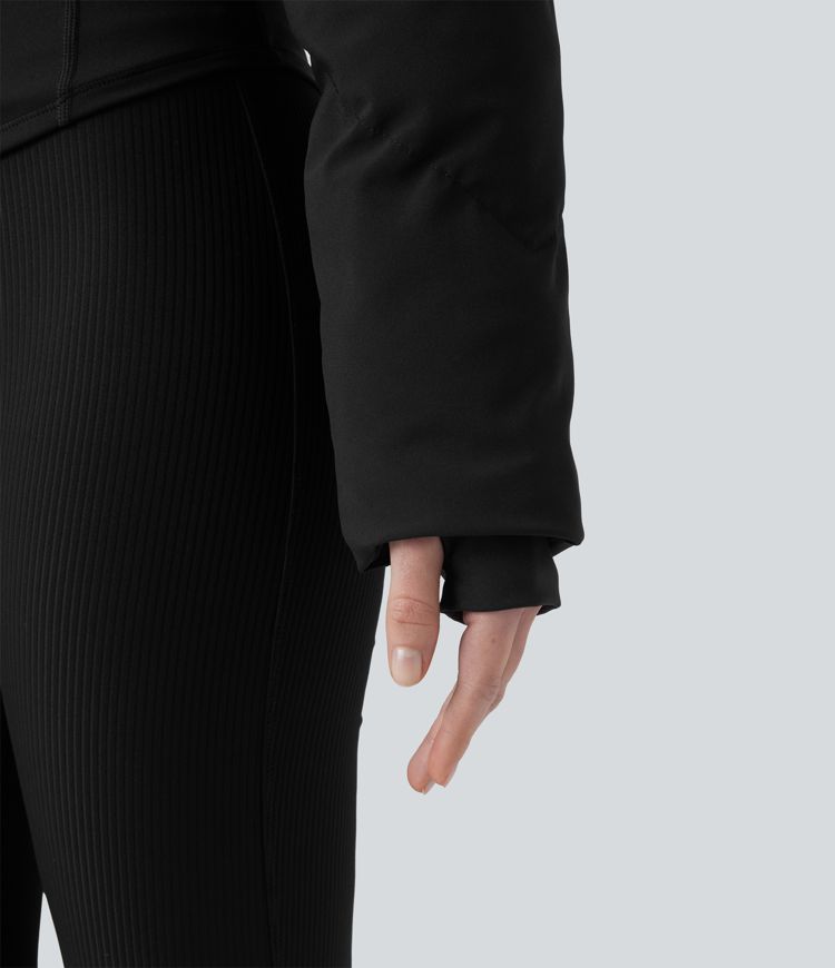 Manteau doudoune court col montant et veste ourlet arrondi avec trous pouces et poche