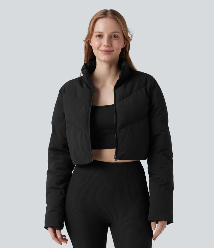 Manteau doudoune court col montant et veste ourlet arrondi avec trous pouces et poche