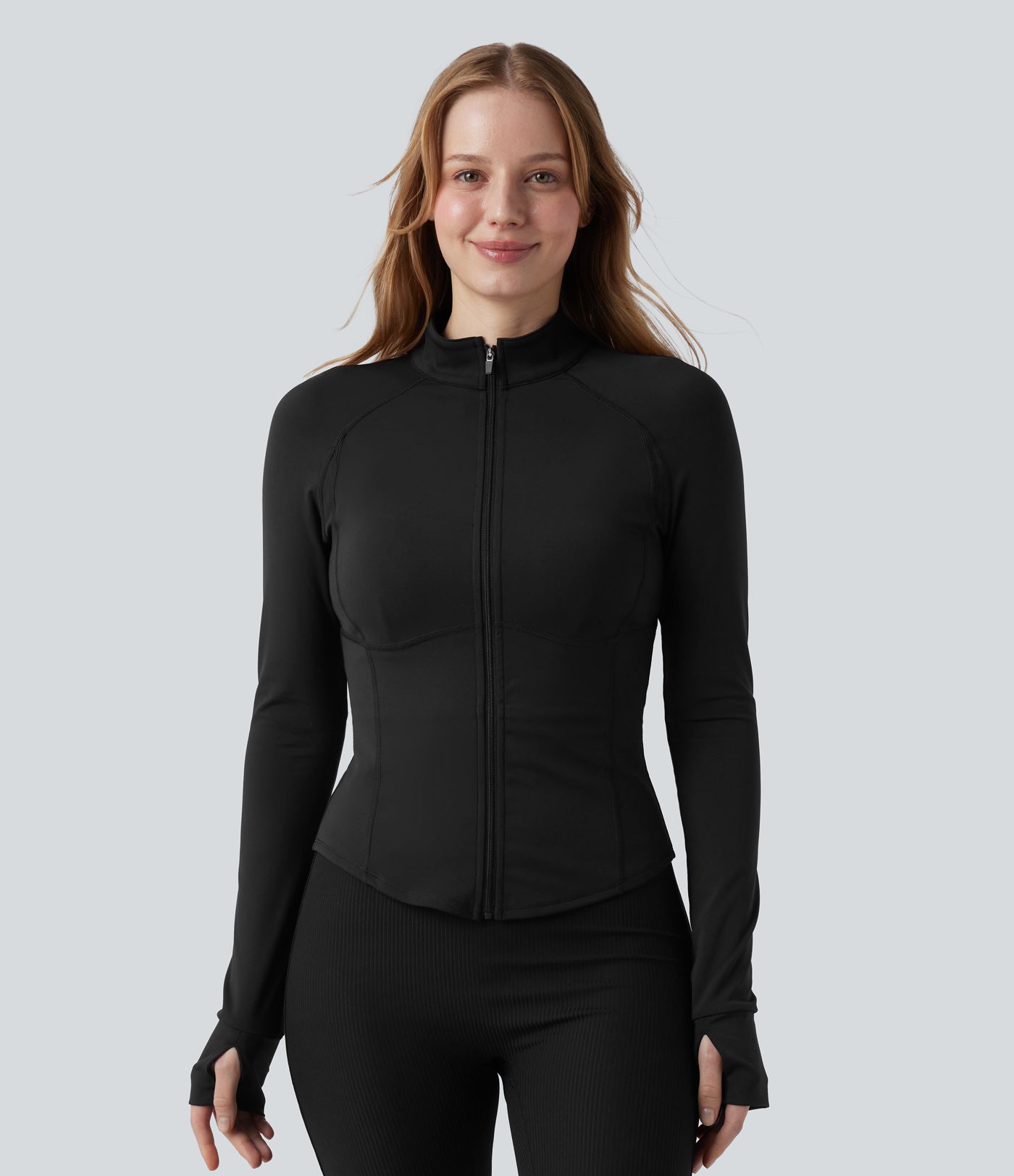 3-in-1 Stand Collar Casual Cropped Stretchy Puffer Jacket & Thumb Holes Curved Hem Jacket with Pocket