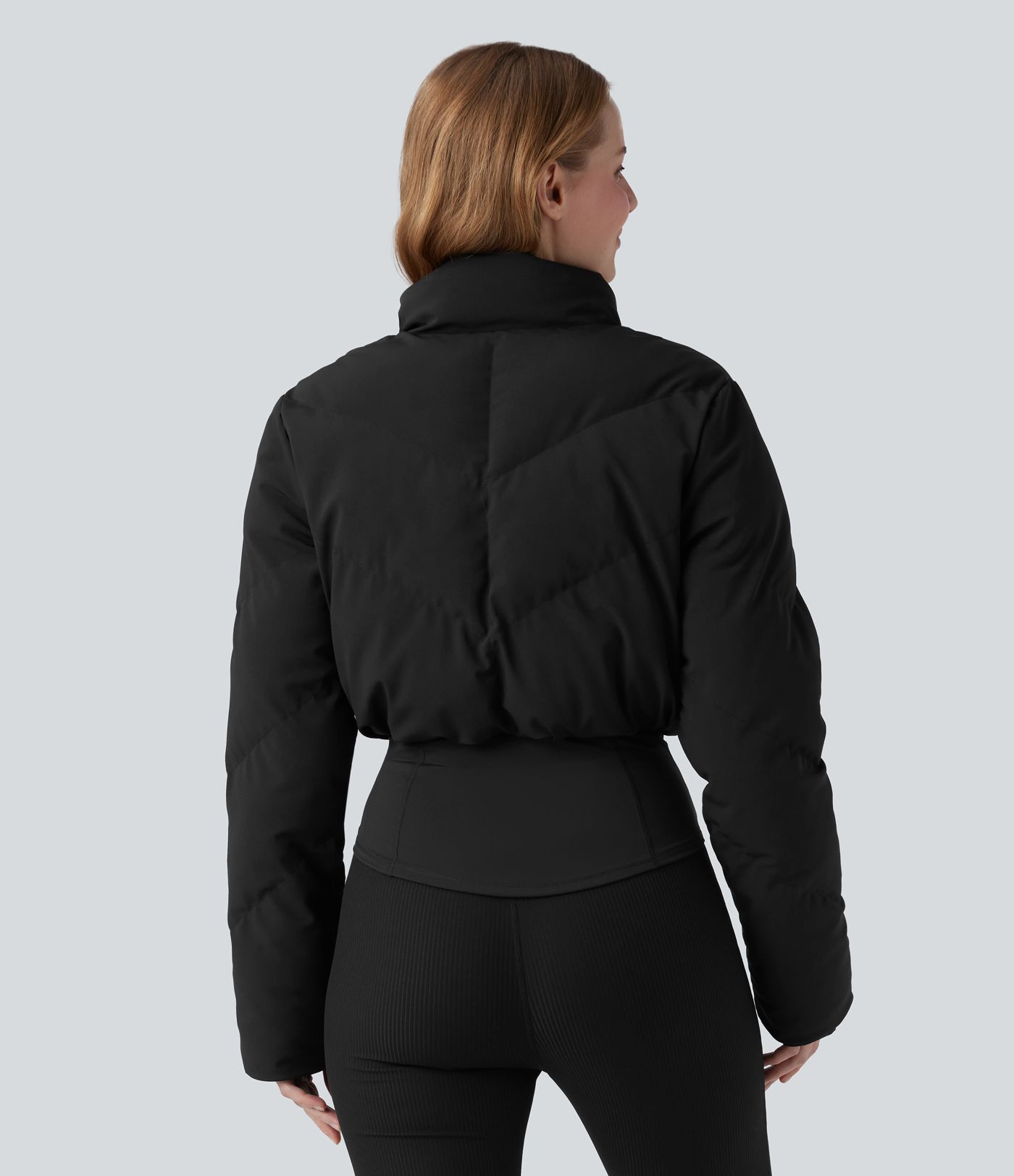 3-in-1 Stand Collar Casual Cropped Stretchy Puffer Jacket & Thumb Holes Curved Hem Jacket with Pocket