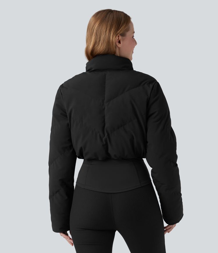 Manteau doudoune court col montant et veste ourlet arrondi avec trous pouces et poche