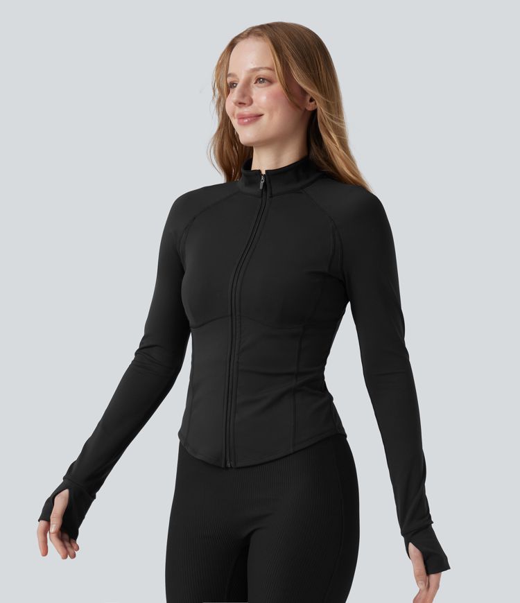 Manteau doudoune court col montant et veste ourlet arrondi avec trous pouces et poche