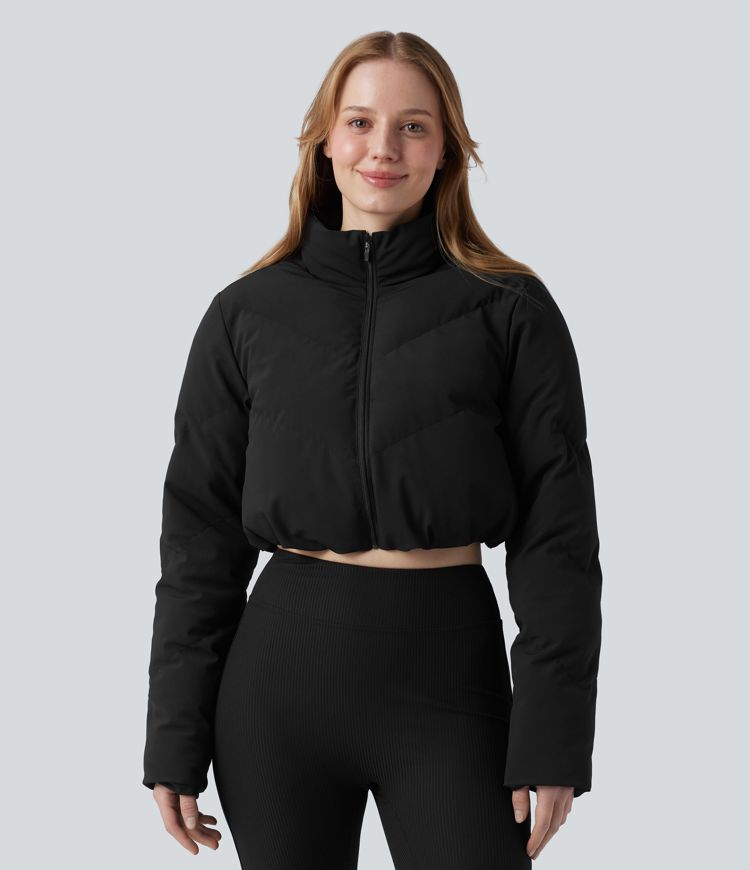 Manteau doudoune court col montant et veste ourlet arrondi avec trous pouces et poche