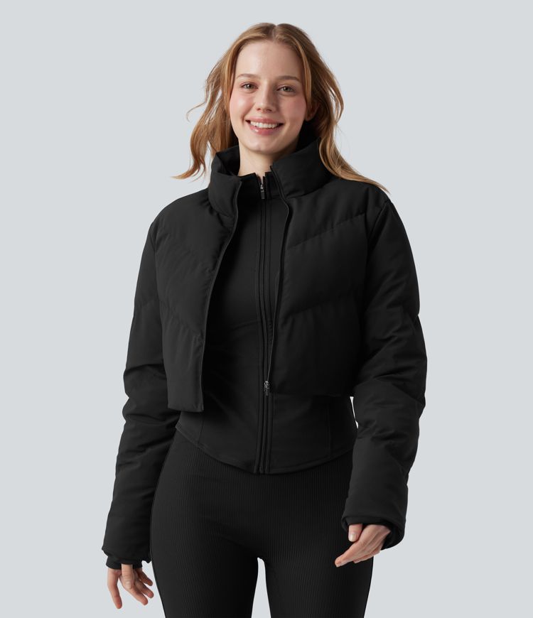 Manteau doudoune court col montant et veste ourlet arrondi avec trous pouces et poche