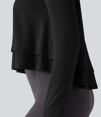 Hooded Long Sleeve Thumb Holes Ruffle Hem Cropped Workout Sports Top