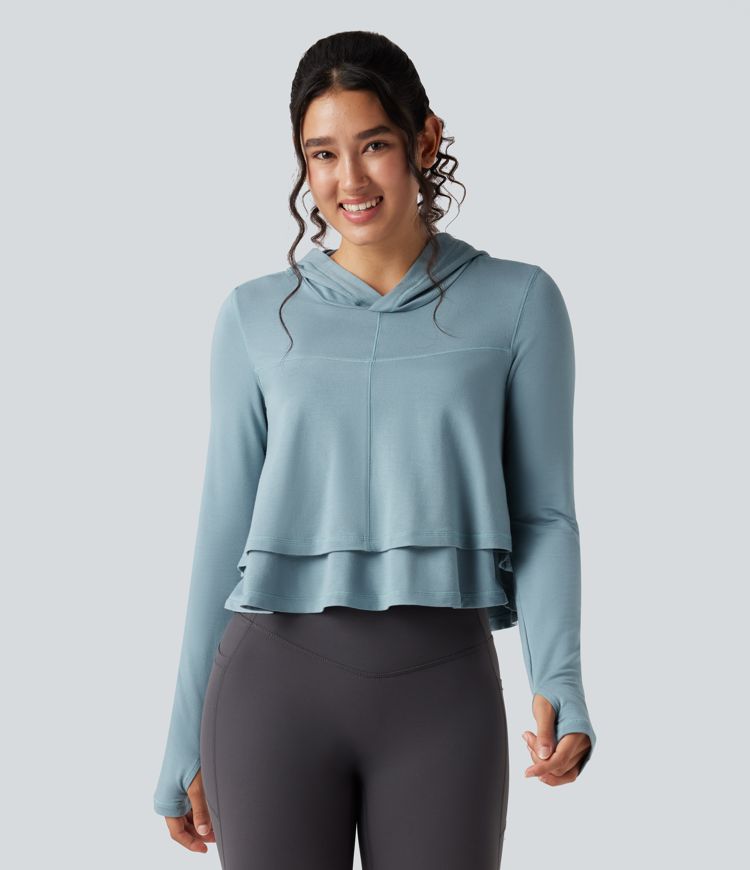 Hooded Long Sleeve Thumb Holes Ruffle Hem Cropped Workout Sports Top