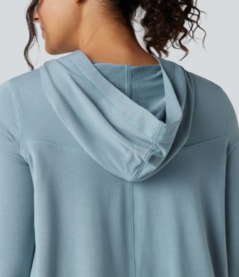 Hooded Long Sleeve Thumb Holes Ruffle Hem Cropped Workout Sports Top