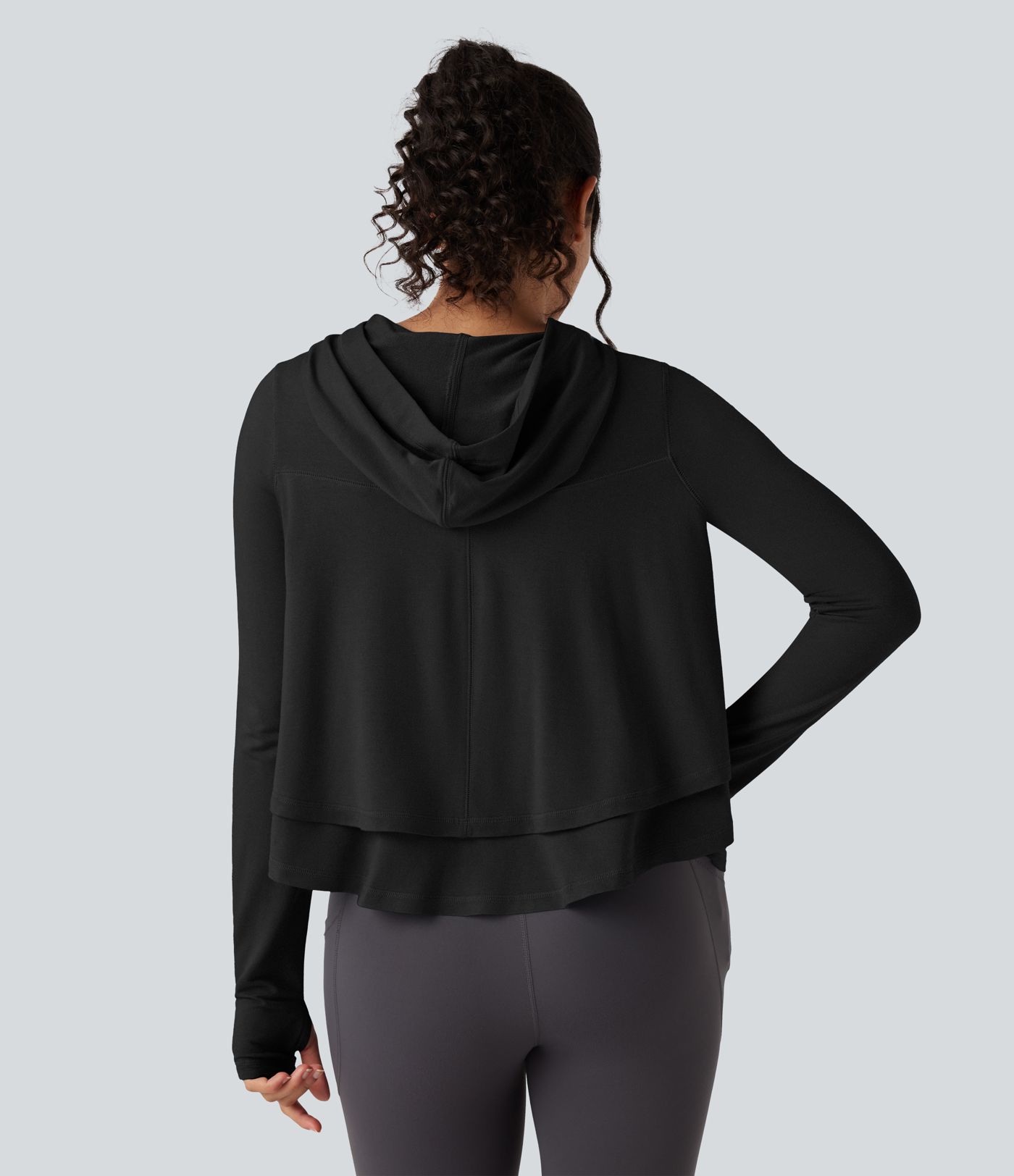 Hooded Long Sleeve Thumb Holes Ruffle Hem Cropped Workout Sports Top