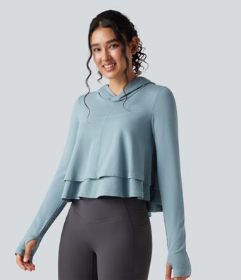 Hooded Long Sleeve Thumb Holes Ruffle Hem Cropped Workout Sports Top