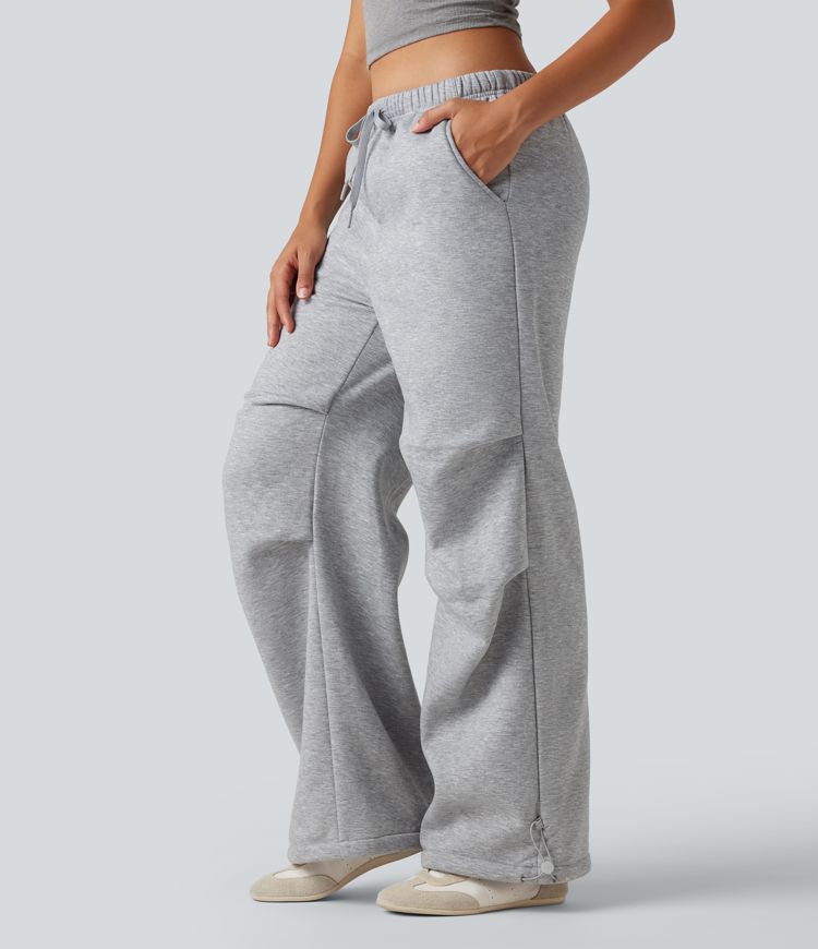 High Waisted Drawstring Ruched Fleece Casual Baggy Pants with Pockets