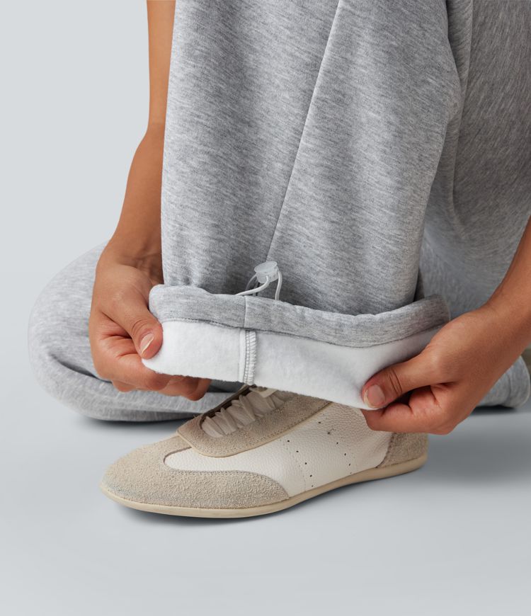 High Waisted Drawstring Ruched Fleece Casual Baggy Pants with Pockets